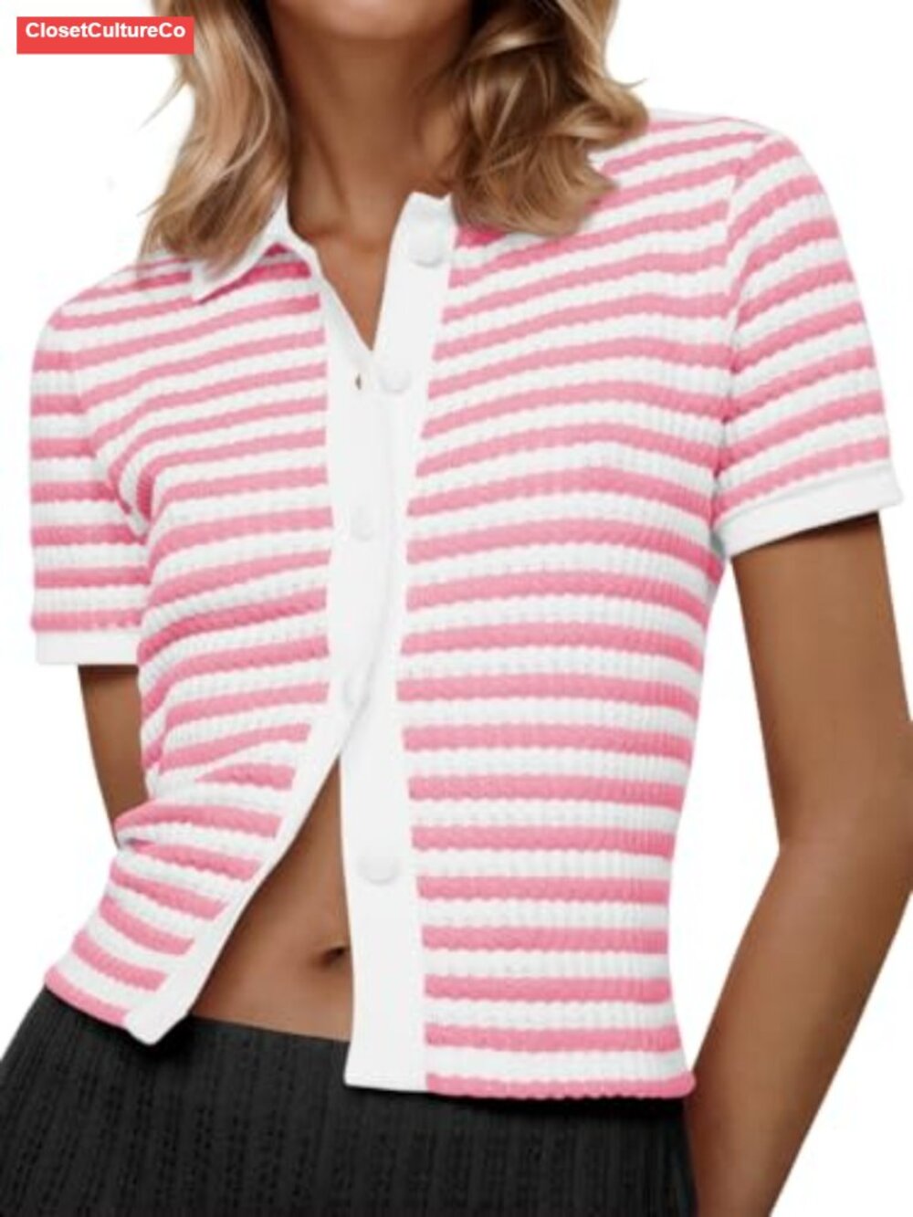 Striped Short Sleeve Polo Collared Button Crochet Cropped Cardigan Sweater